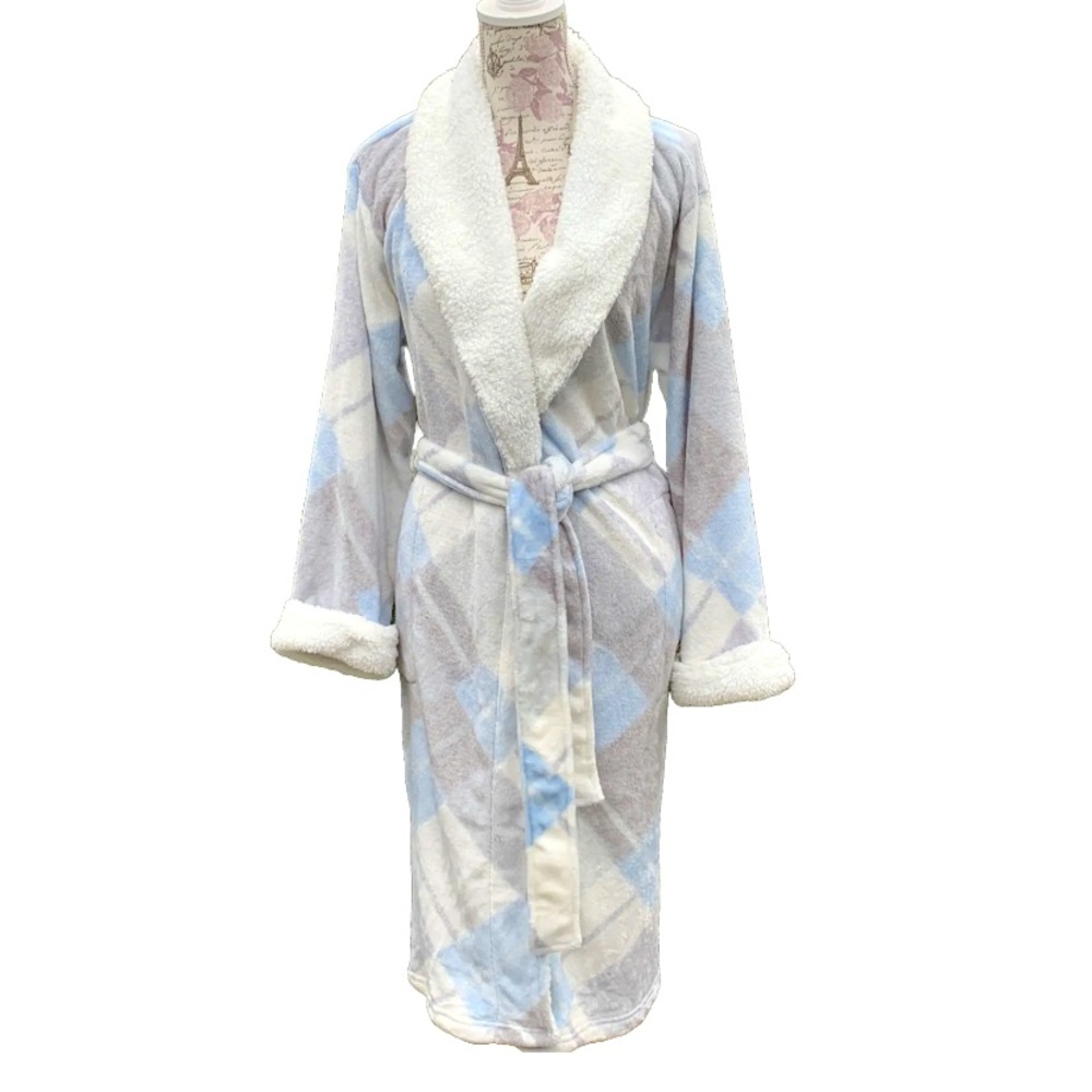 Ink+Ivy Robe Super Soft Sherpa Collar Pockets Full Length Gray Blue Plaid